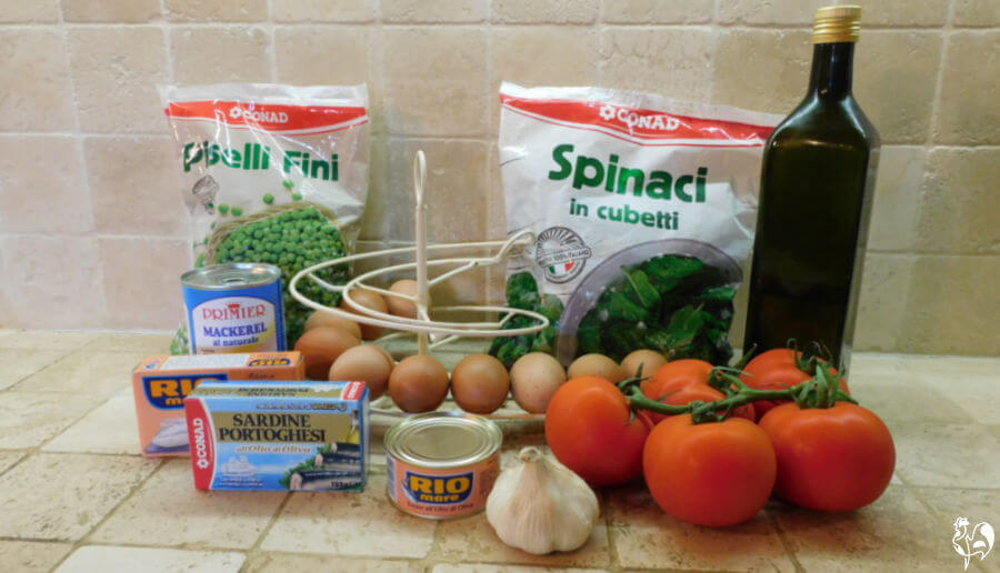 Some of the items in my store cupboard I use for this recipe. Ingredients for my canned fish recipe for chickens.