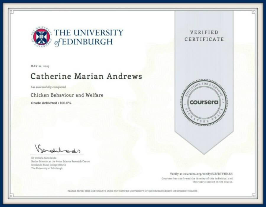 My certificate in chicken welfare and behaviour.