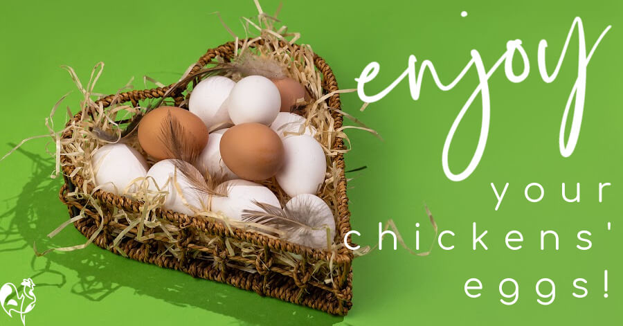 Eggs in a heart-shaped basket sitting on straw; text "enjoy your chicken eggs!".