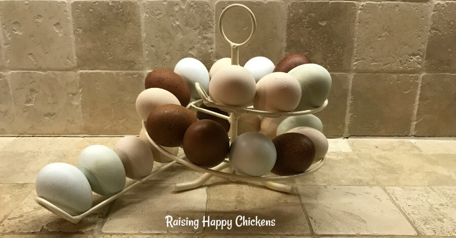 The Egg Skelter from the front filled with fresh eggs on  a small worktop.