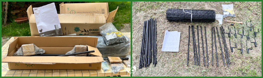 Omlet fencing, boxed in one image and parts laid out on the ground in the second.