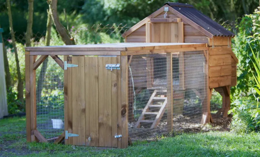 A wooden coop with an integral run set underneath, set in a field.