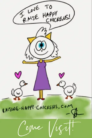 Raising backyard chickens: cartoon image of Cath with two happy chickens. Pin for later.