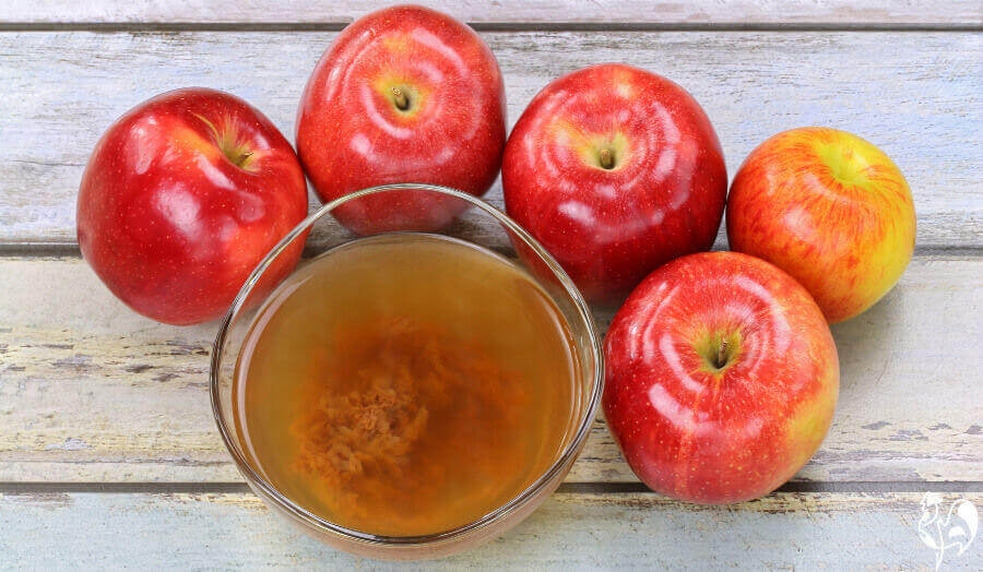 A bowl of raw apple cider vinegar surrounded by red apples.