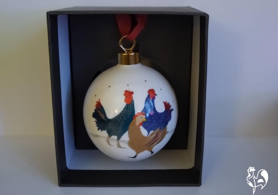 Portmeirion's "3 French Hens" tree bauble, boxed.